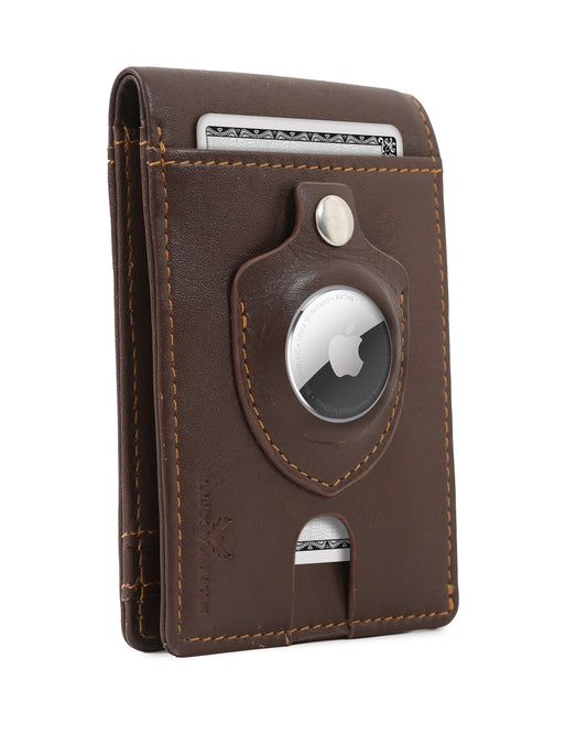Luxvante Minimalist Bifold Airtag wallet - Slim Front pocket  leather wallet with airtag holder  RFID blocking card wallet for men ( Roasted Coffee)
