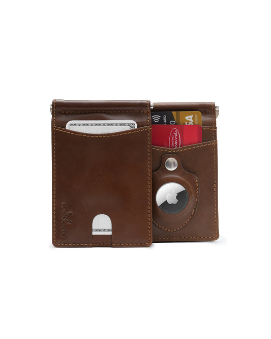 Luxvante Minimalist airtag wallet - Rfid blocking slim money clip wallet for men - Genuine leather front pocket wallet ( Saddle Cognac )